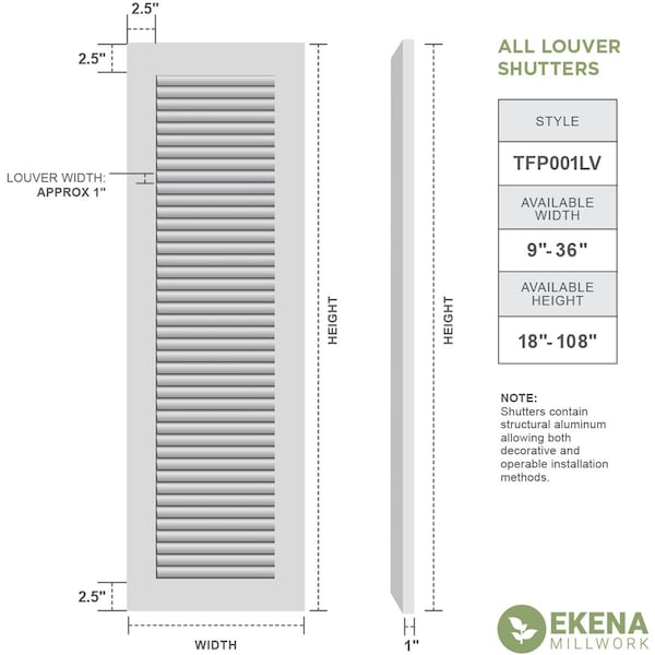 True Fit PVC, All Louver Louver Shutters, Unfinished, 17W X 78H